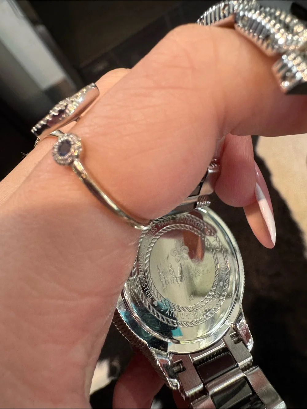 Judith Ripka Silvertone Watch Black Pyramid Stud Stone Bezel Textured Link Band